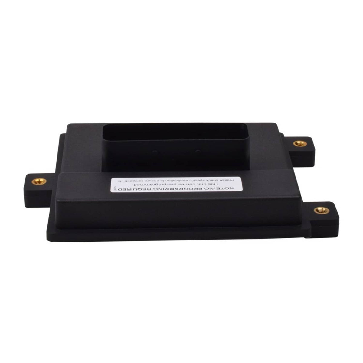 Black fuel pump control module side view with recessed top cover and mounting ears