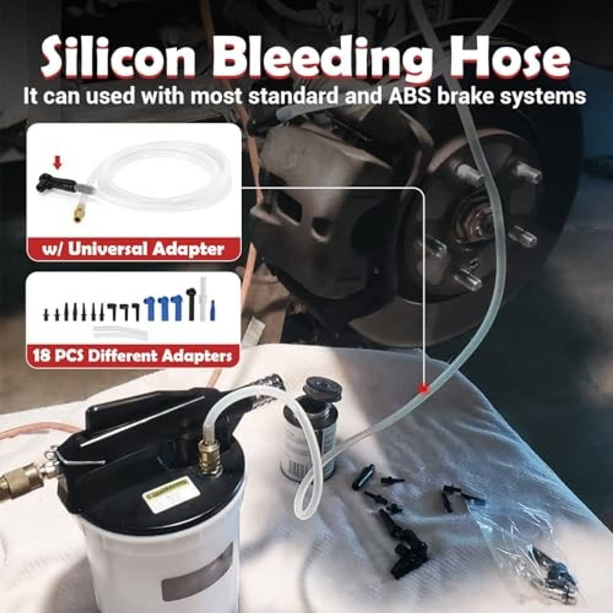Bleeding hose kit with universal adapter and multiple blue adjustment fittings