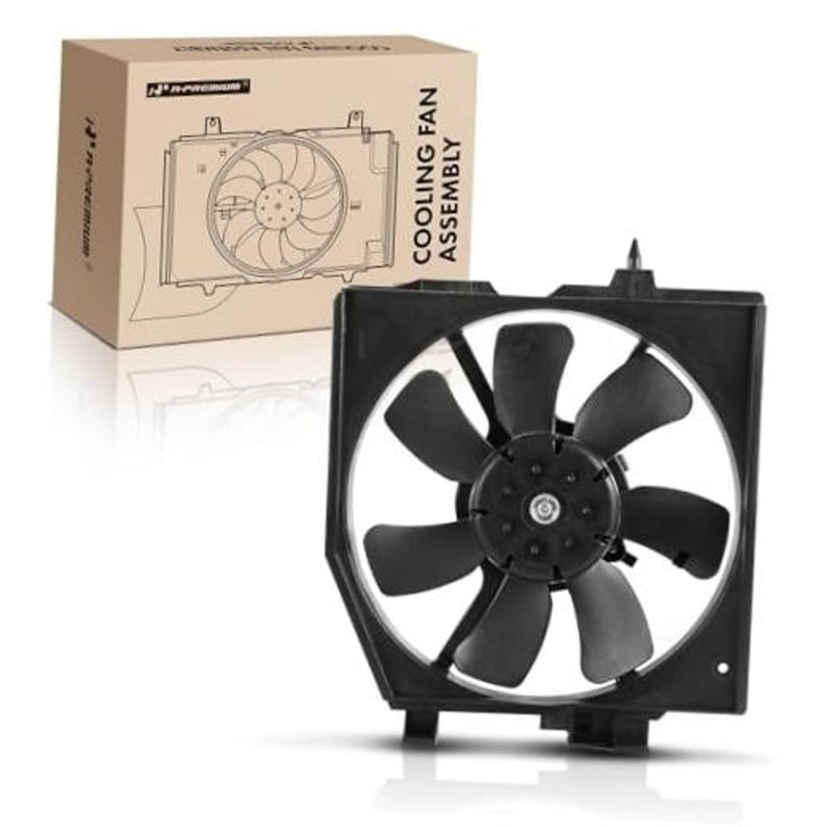 Radiator cooling fan assembly with black fan blades and square mounting frame