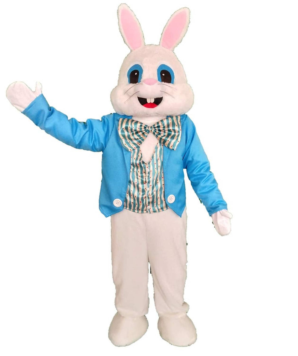 Easter rabbit mascot costume waving in blue jacket with striped bowtie and beige pants