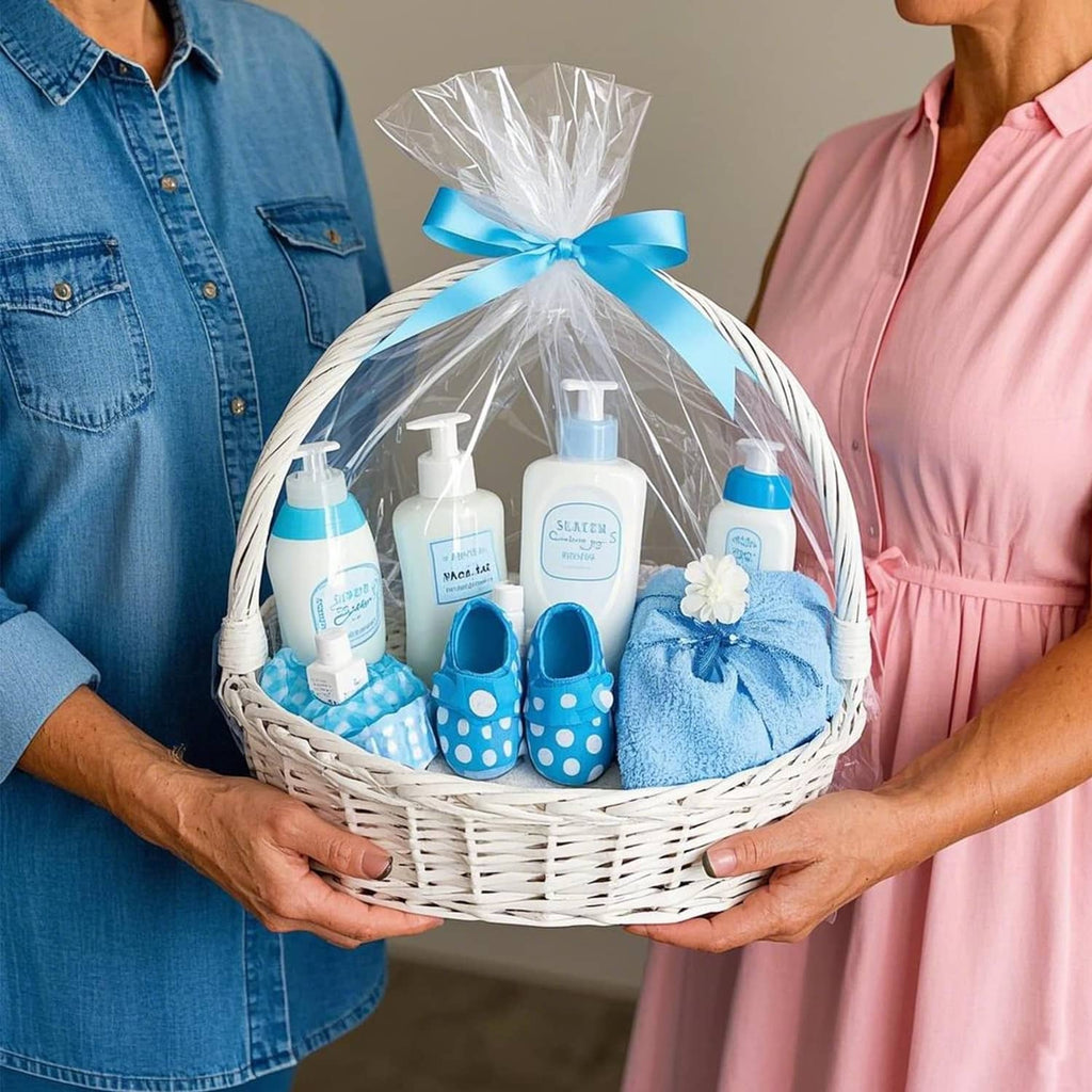 Clear PVC shrink wrap bag on a gift basket, tied with blue ribbon