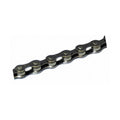 Bicycle chain with dark outer plates and round rivets, close-up link section