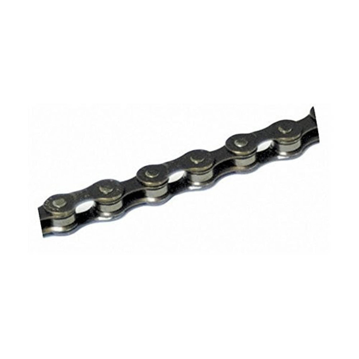 Bicycle chain with dark outer plates and round rivets, close-up link section