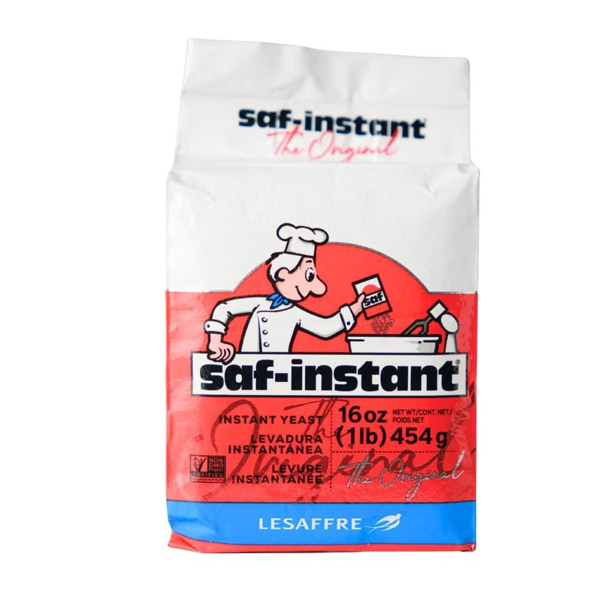 Saf instant yeast pouch, white top with red center and blue bottom, 1 lb size