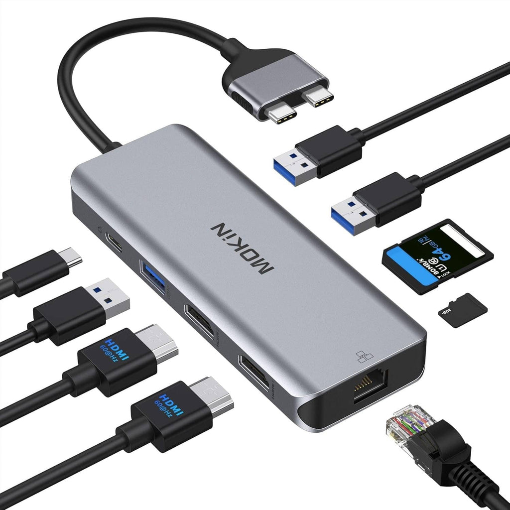 Grey USB-C docking station with HDMI and USB ports, shown with connected cables