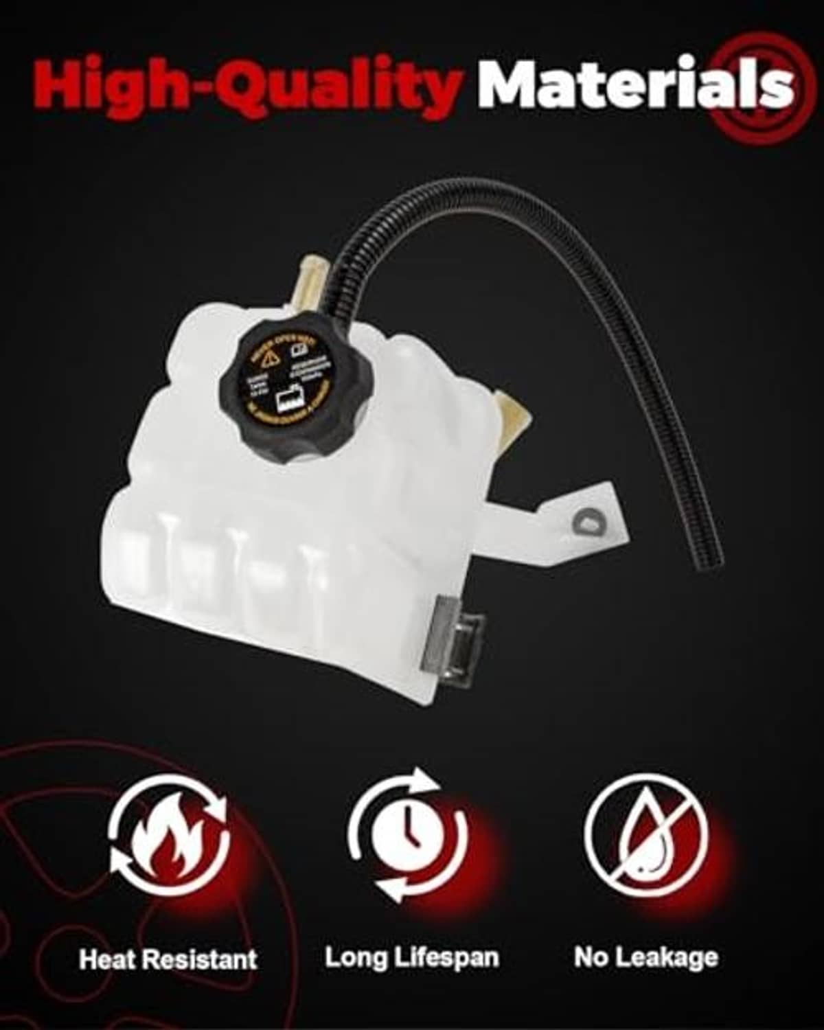 White coolant reservoir tank with sensor and black cap on black corrugated hose
