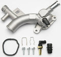 Aluminum thermostat housing water outlet with gasket and valve components, silver finish