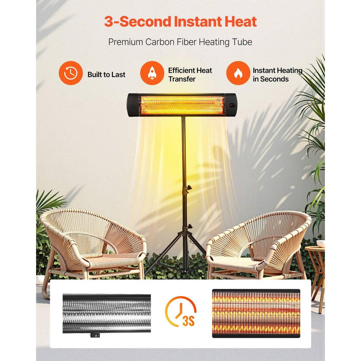 Infrared space heater with heating tube on tripod stand and remote control