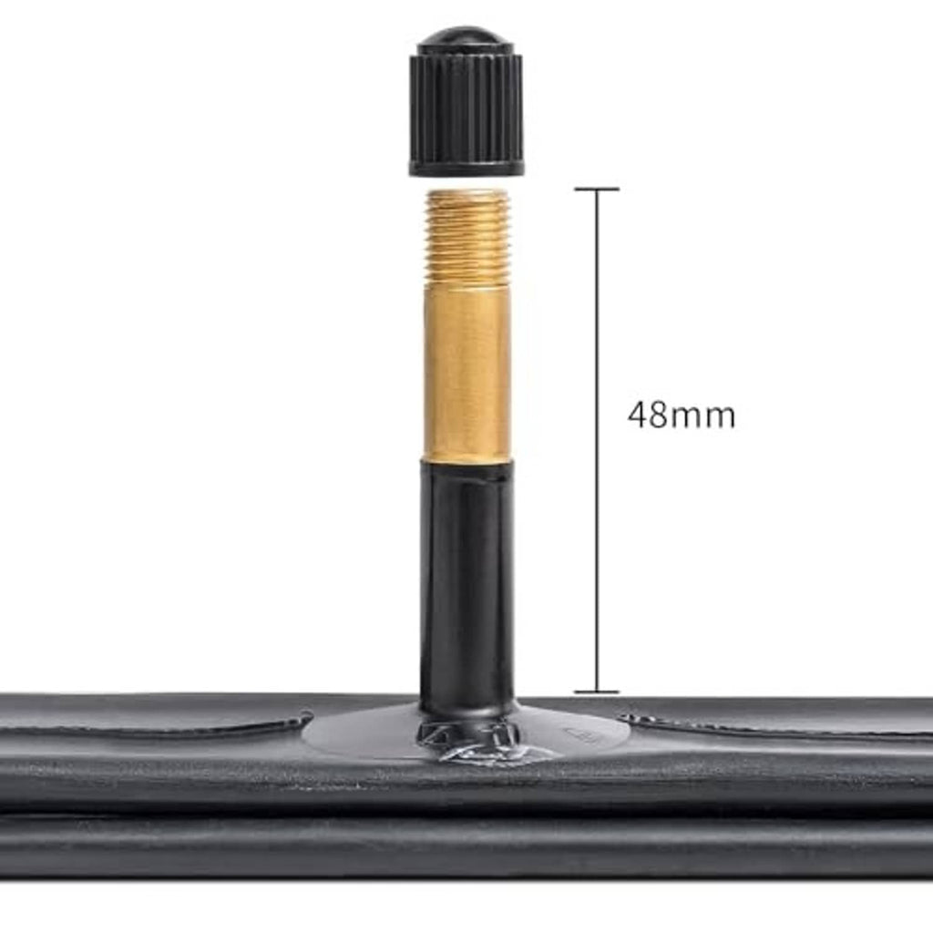 Bike inner tube valve stem close-up with 48mm height measurement