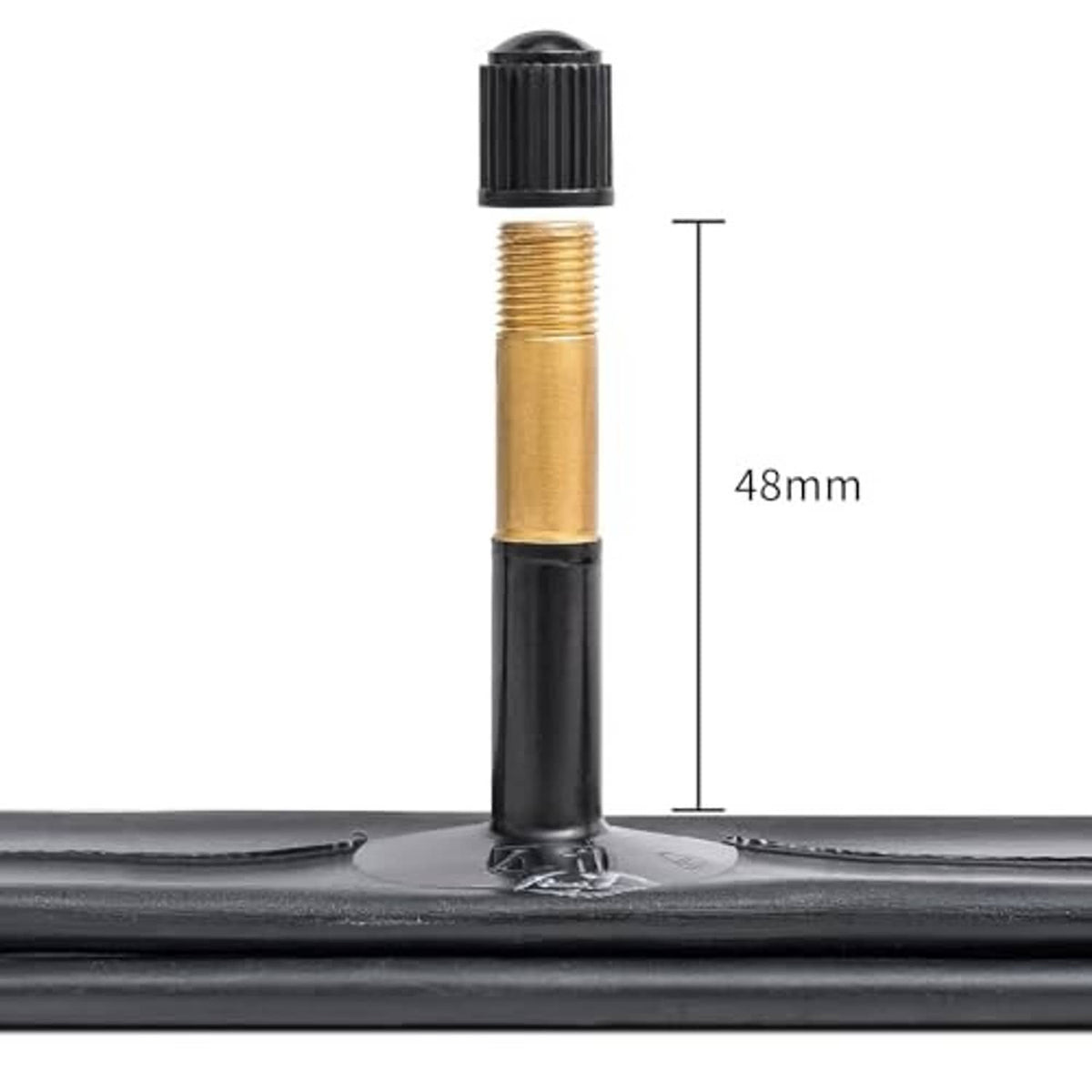 Bike inner tube valve stem close-up with 48mm height measurement