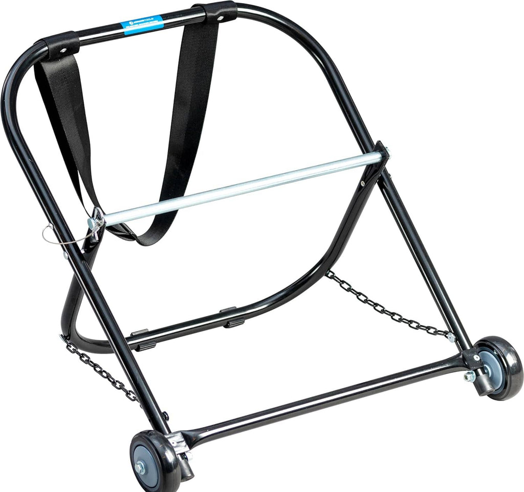 Black steel cable caddy with pull strap, caster wheels, and chain for securing reels