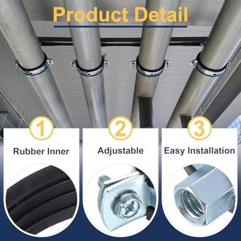Split-ring pipe hangers clamped to pipes, showing black rubber liner and metal hardware
