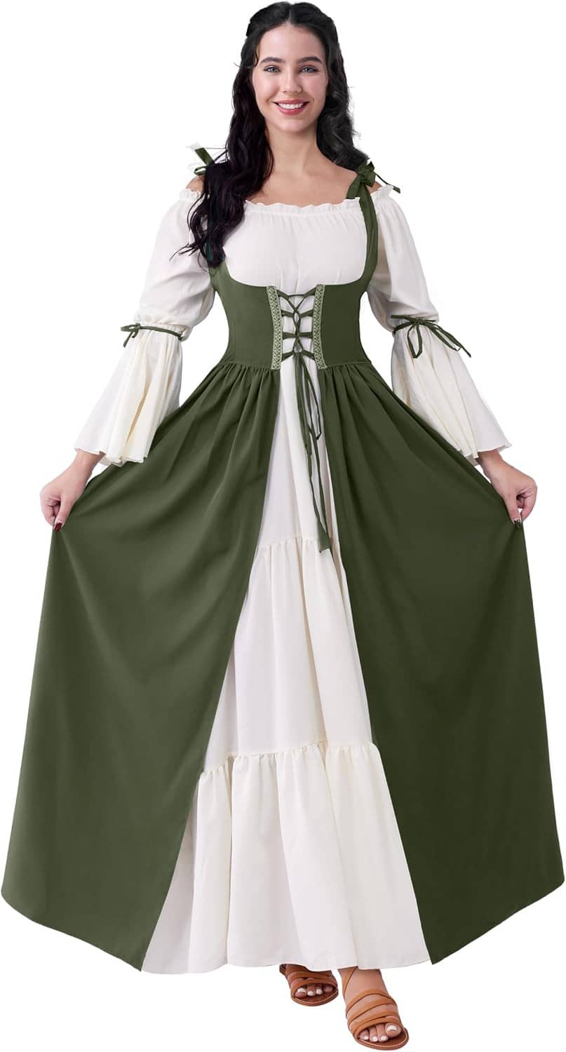 Women’s dark green and white medieval corset dress with lace-up front and tiered hem