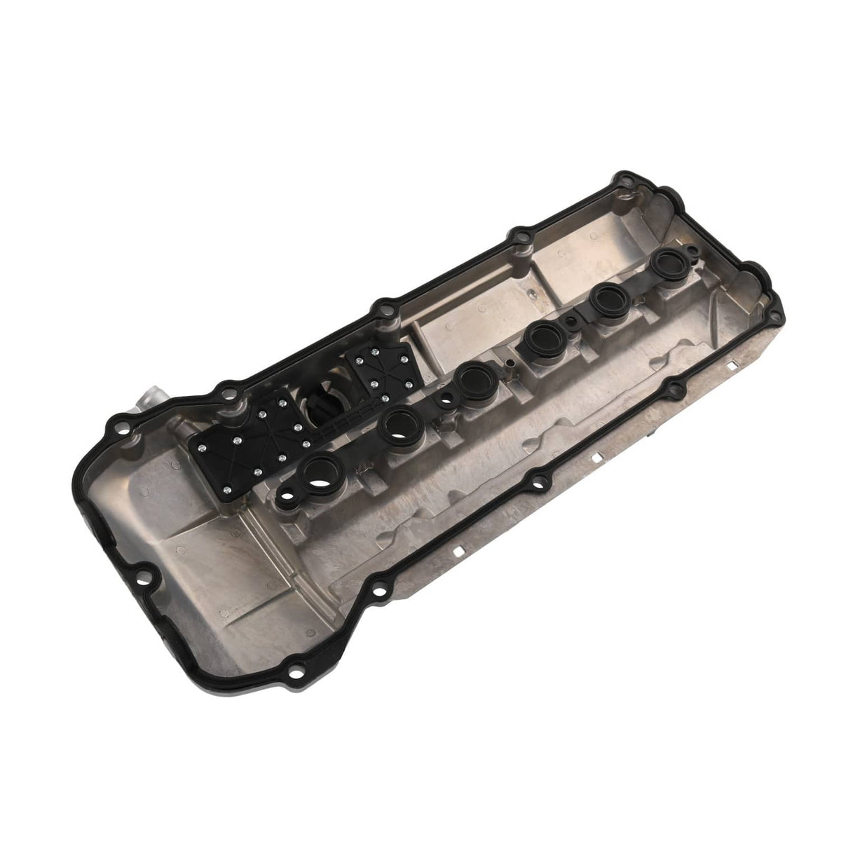 Engine valve cover with gasket and oil port openings, silver with black baffle plate
