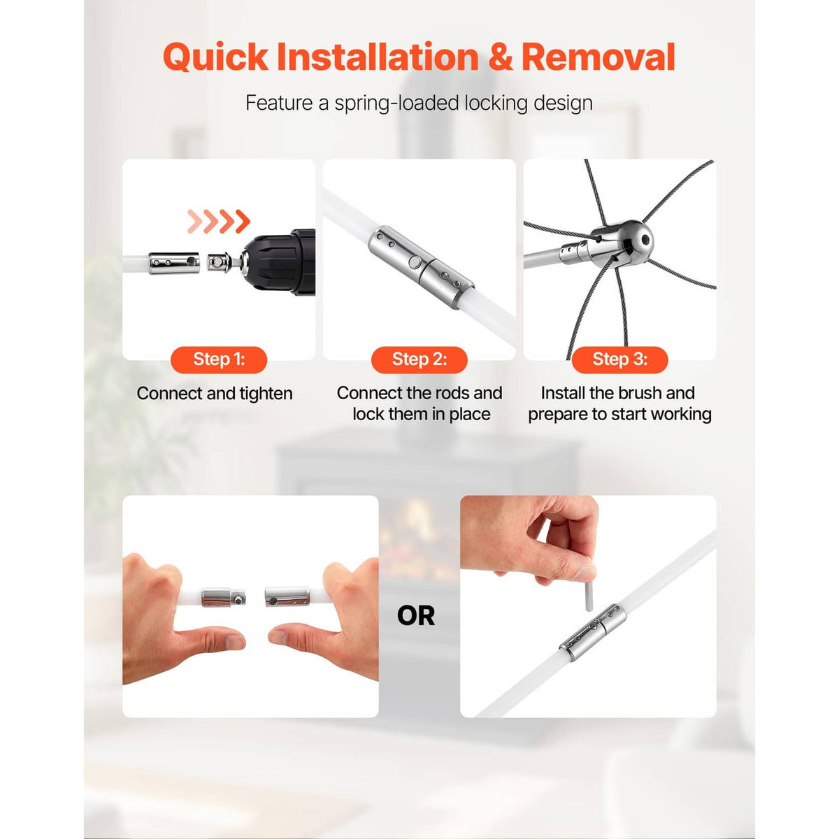Spring-loaded connector chimney cleaning rods with brush attachment for quick install