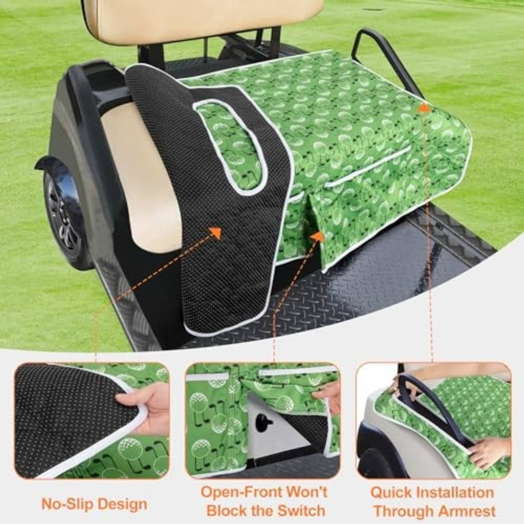 Green golf cart seat cover with golf ball pattern, white trim, and black anti-slip side panels