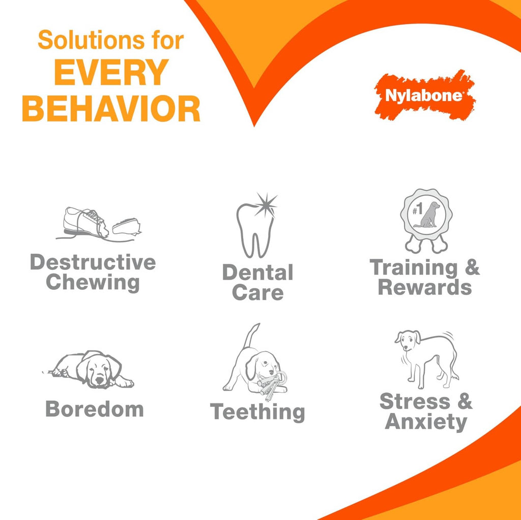 Graphic listing solutions like destructive chewing, dental care, training, and teething