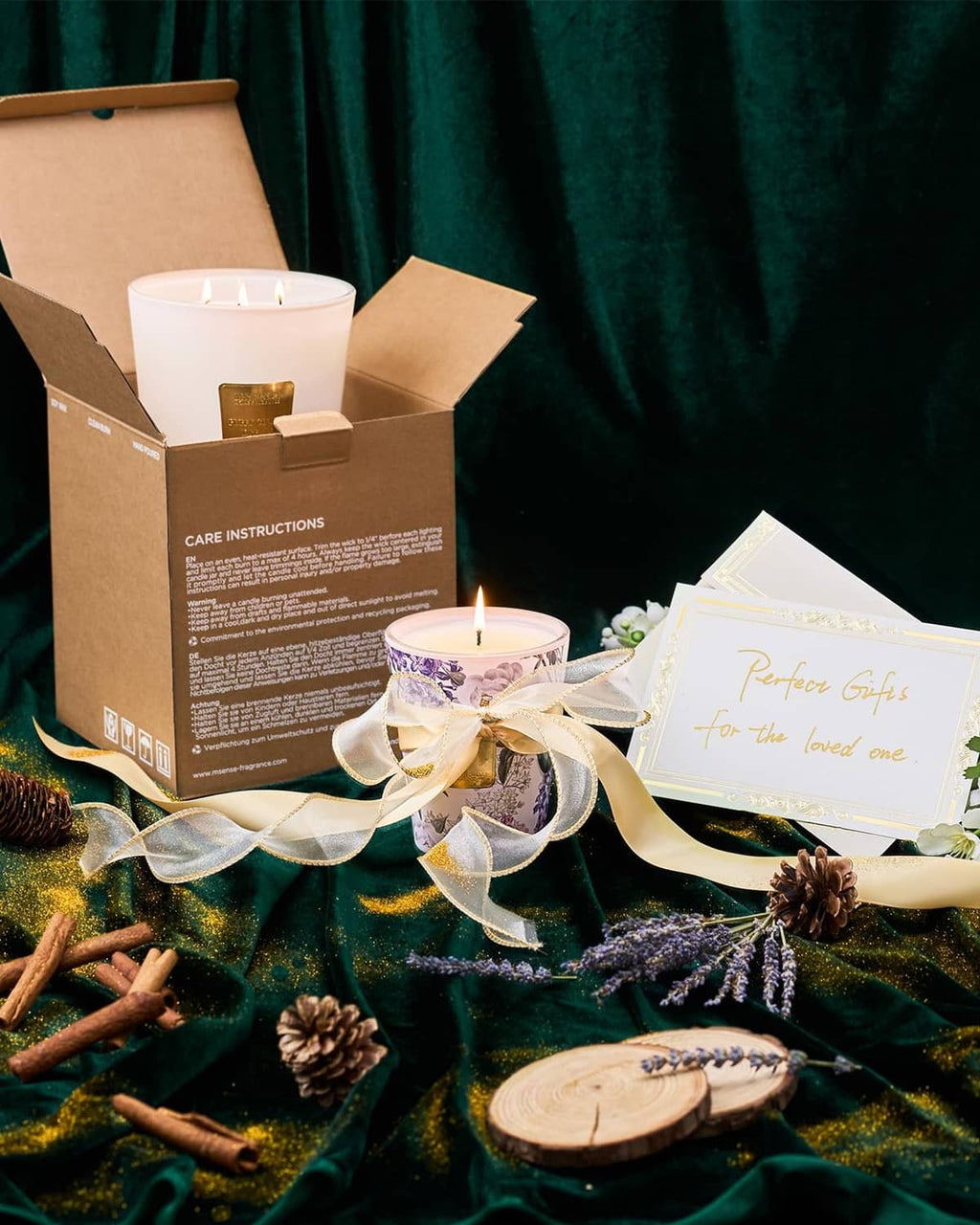 Roasted coffee soy candle with bow, box, and instruction card; jar with flame