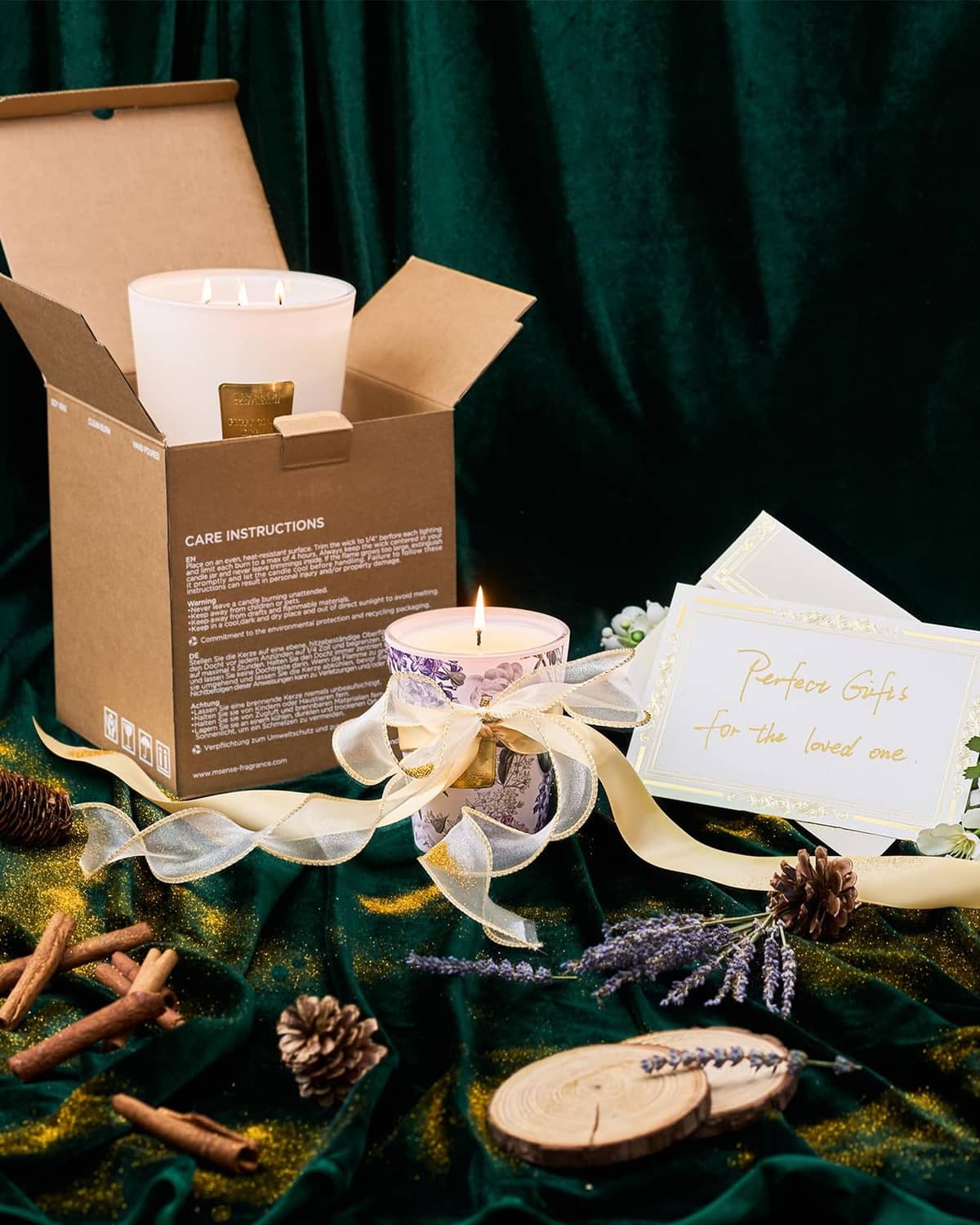 Roasted coffee soy candle with bow, box, and instruction card; jar with flame