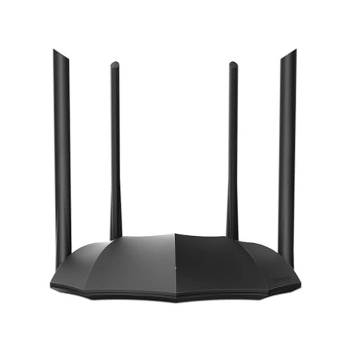Black dual-band Wi-Fi router with four tall antennas, front-facing