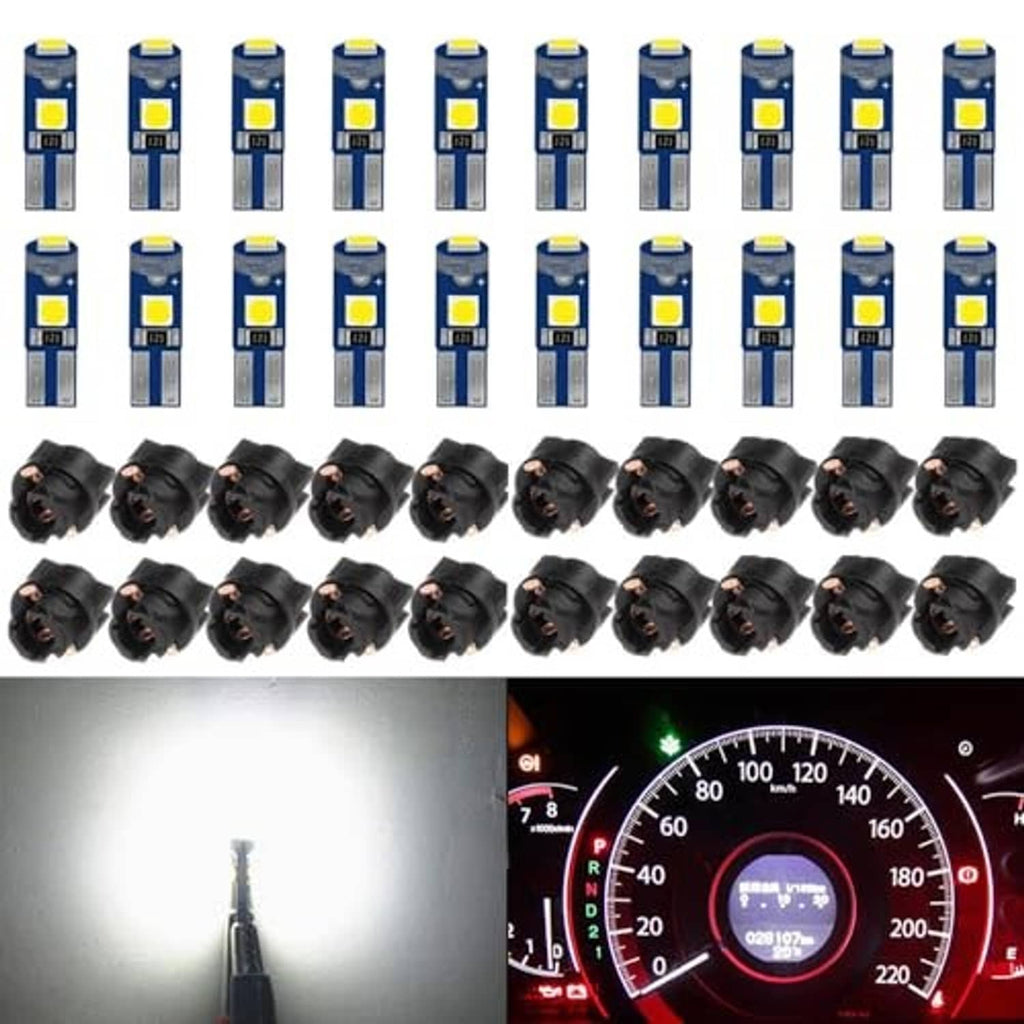 T5 LED wedge bulbs set with twist-lock bases and yellow LED chips, shown in rows