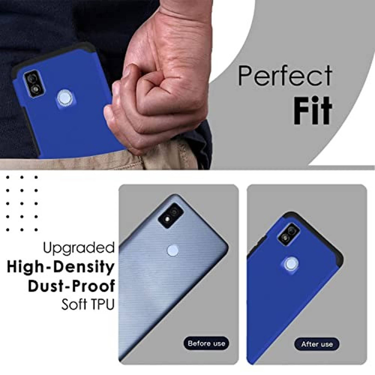 Blue dust-proof TPU rugged phone case with camera cutouts and secure fit design.