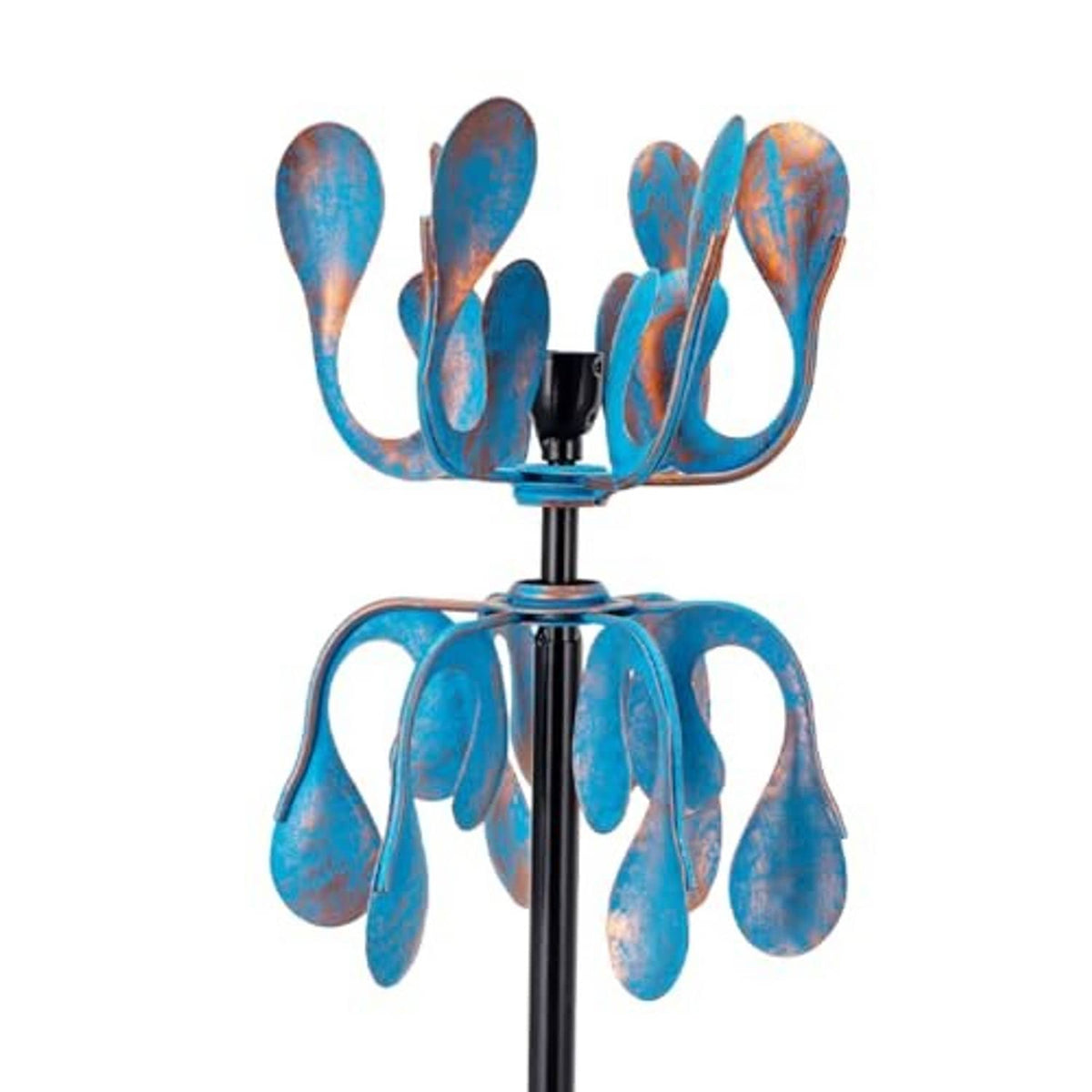 Blue metal wind spinner with curled petal blades and black rotating hub
