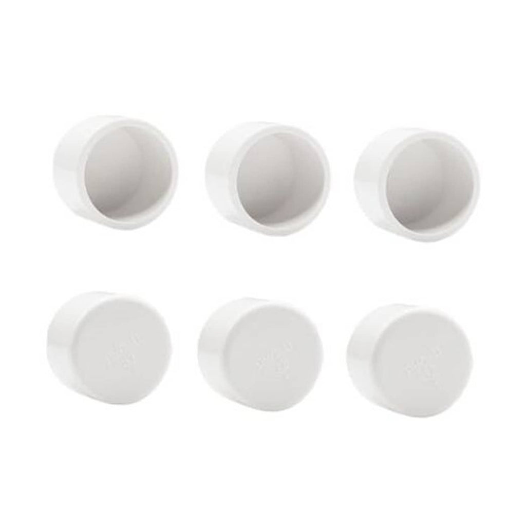 Set of 6 white PVC pipe end caps with open socket ends and flat tops