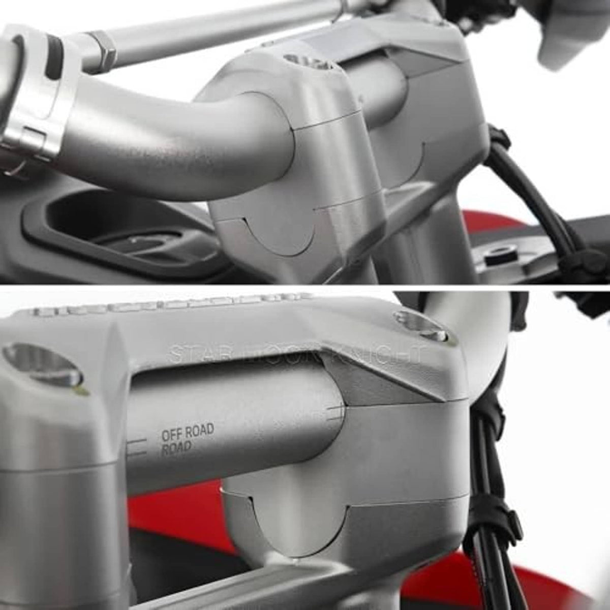 Mounted silver handlebar riser clamp on motorcycle with handlebar area