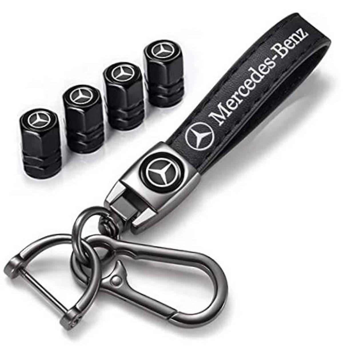 Black Mercedes valve stem caps and metal keychain with Mercedes-Benz logo and keyring