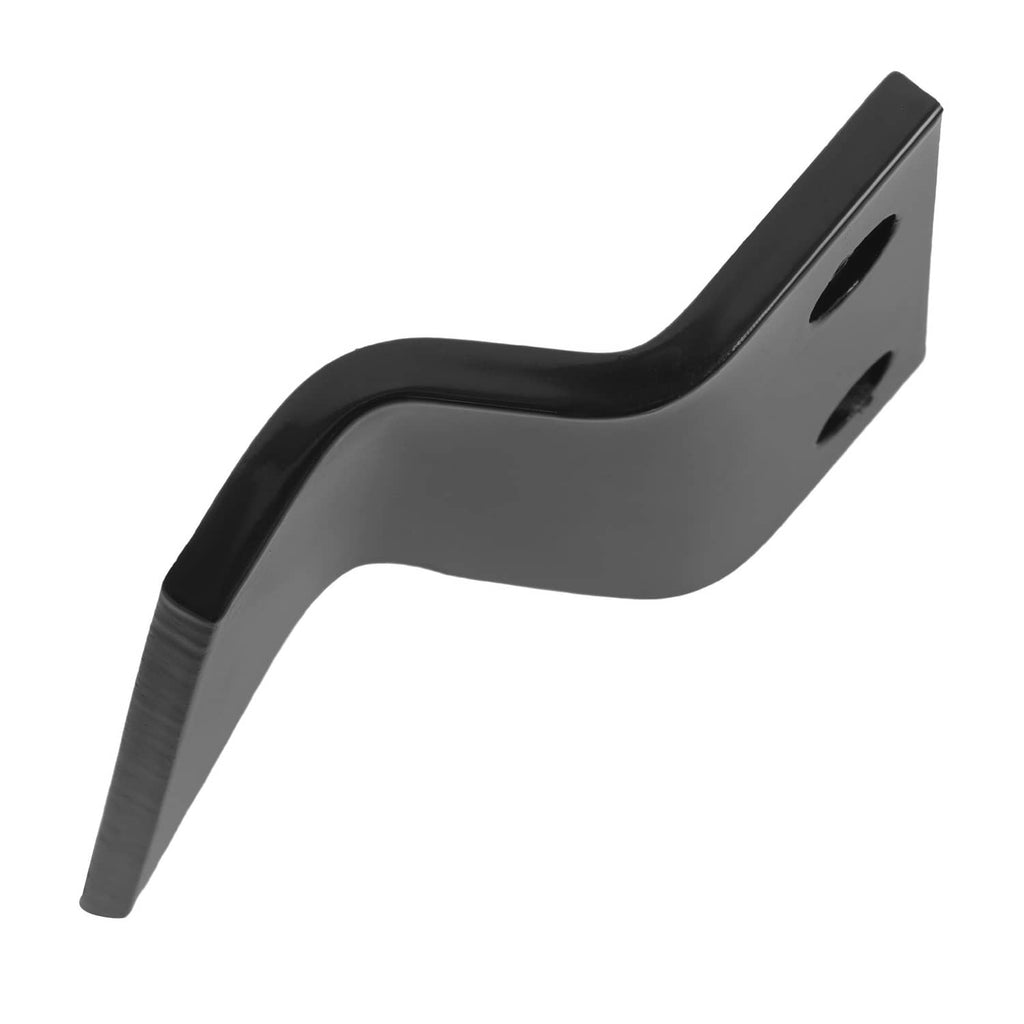 Black steel trencher tooth with curved shank and two mounting holes