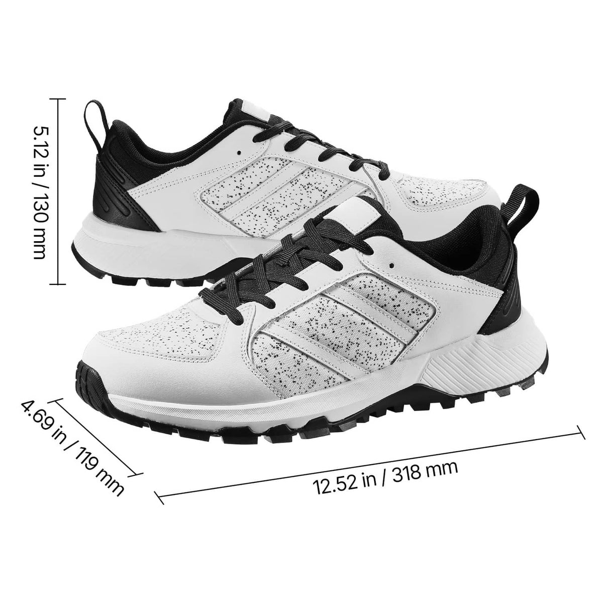 Pair of white and black lace-up cross training sneakers with speckled overlays and tread