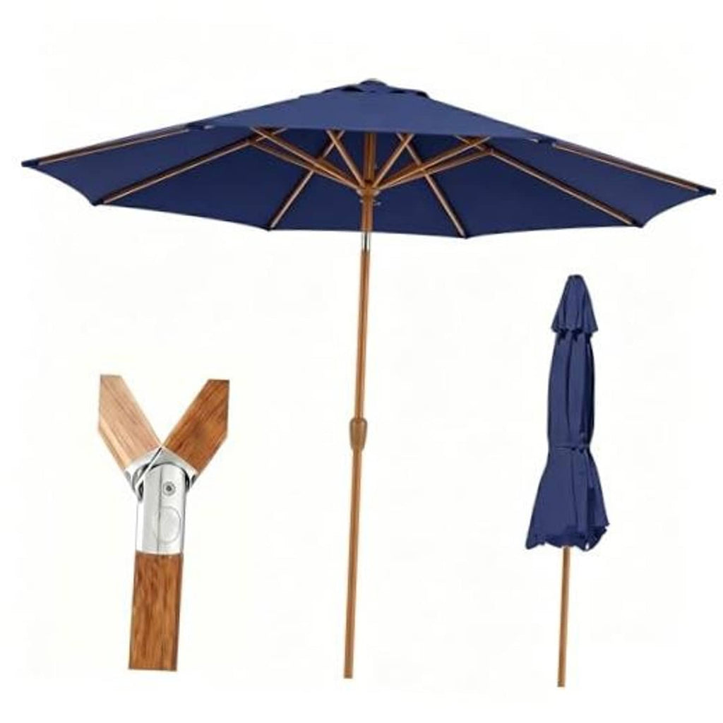 9ft outdoor market patio umbrella with navy canopy, wooden pole, and crank base