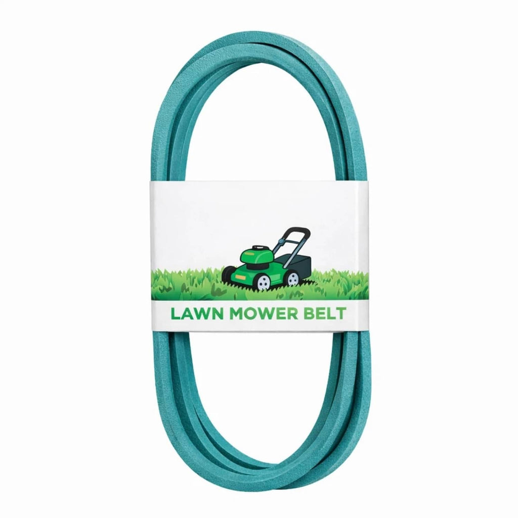 Lawn mower belt, teal green loop with white label band