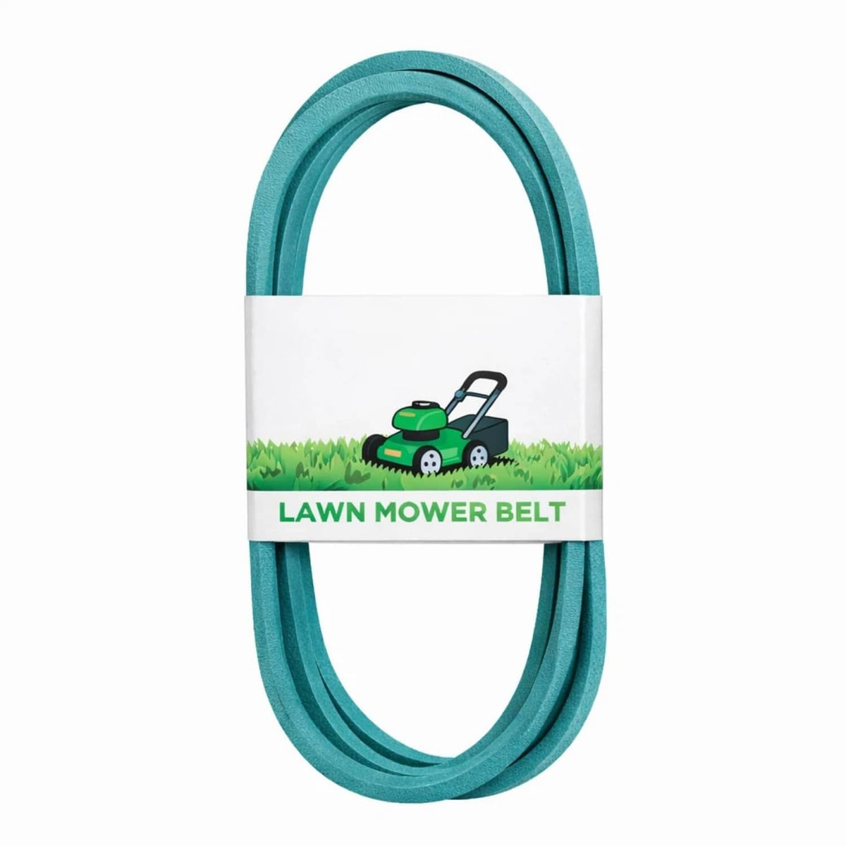Lawn mower belt, teal green loop with white label band