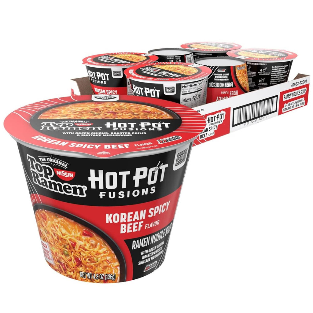 Hot Pot Fusions Korean spicy beef ramen cup with red-orange noodles, front view