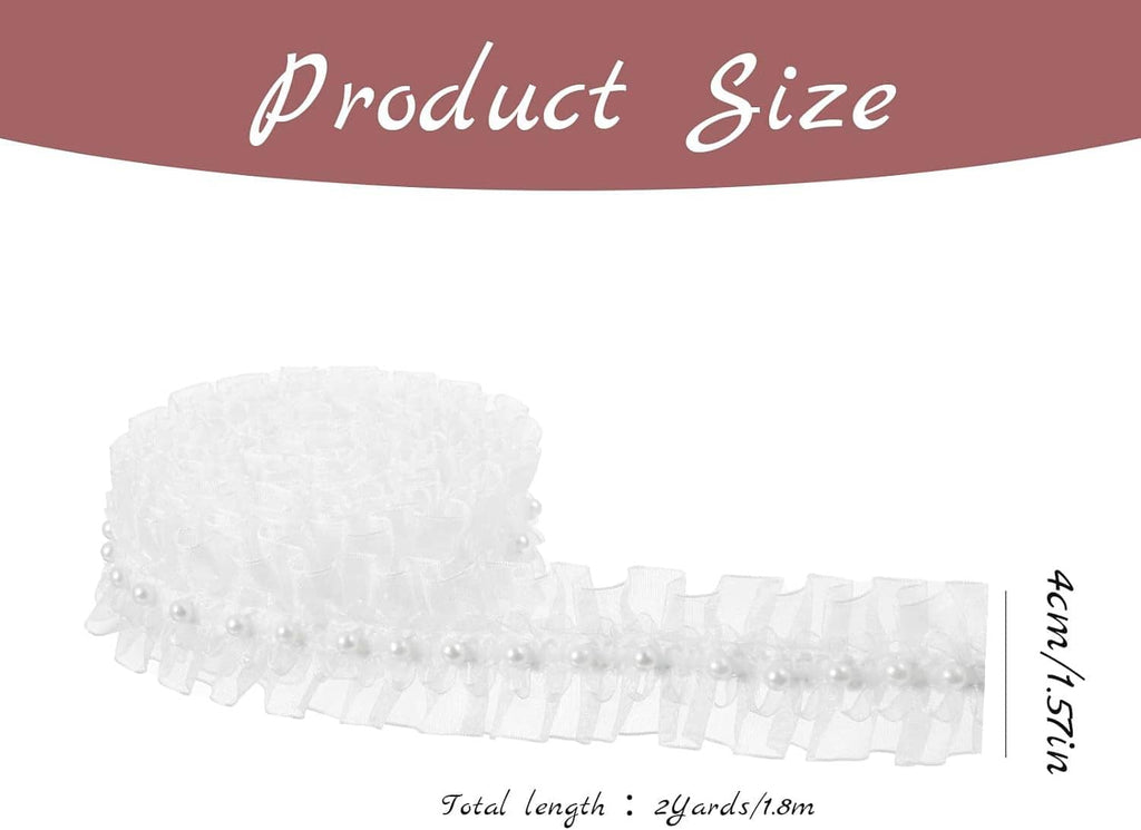 White ruffle lace trim with pearl bead line and layered mesh texture