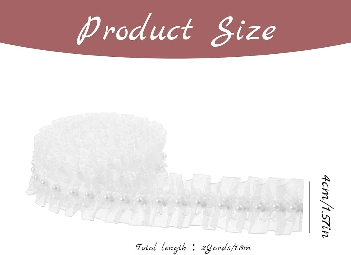White ruffle lace trim with pearl bead line and layered mesh texture