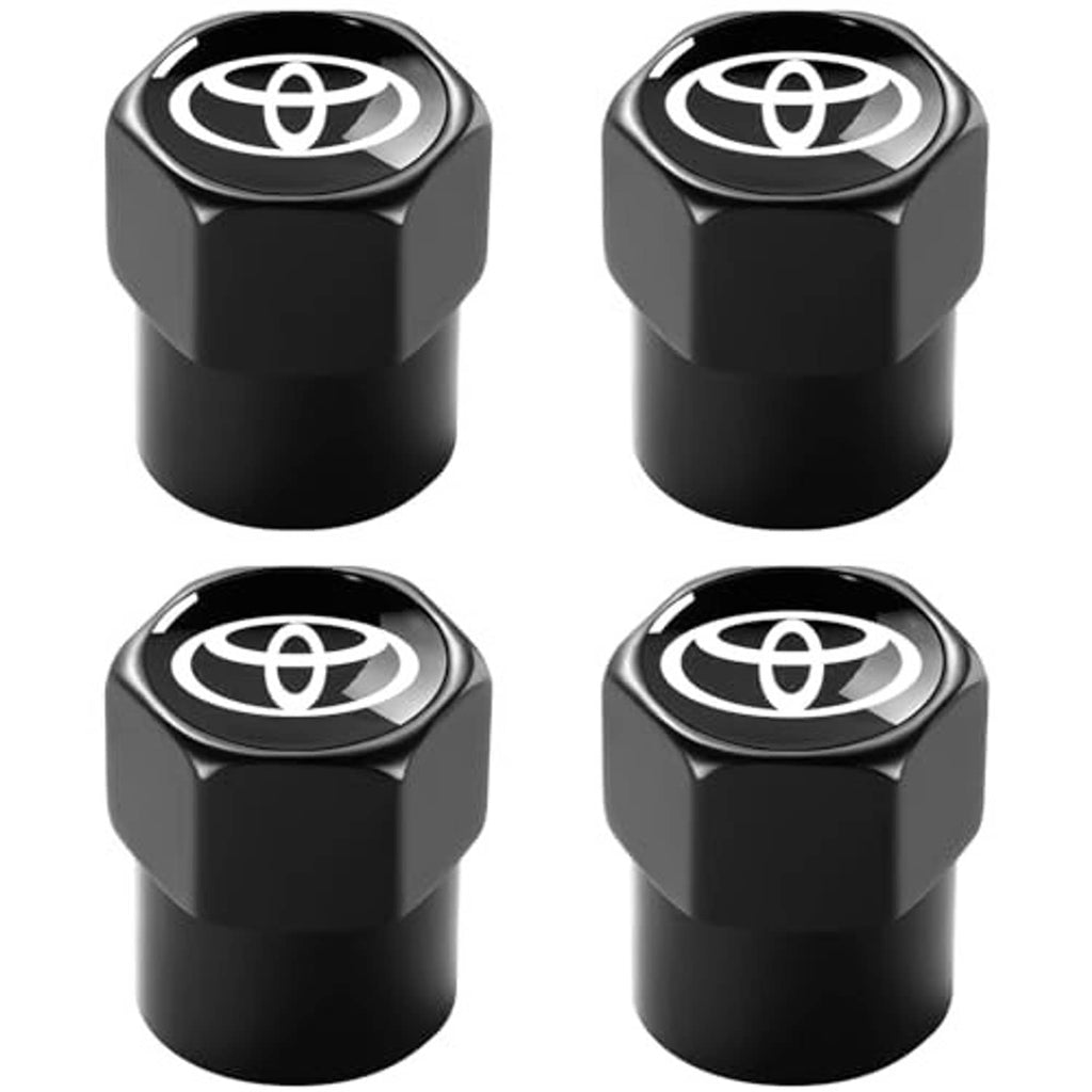 Black metal tire valve stem caps with Toyota emblem, four-piece set