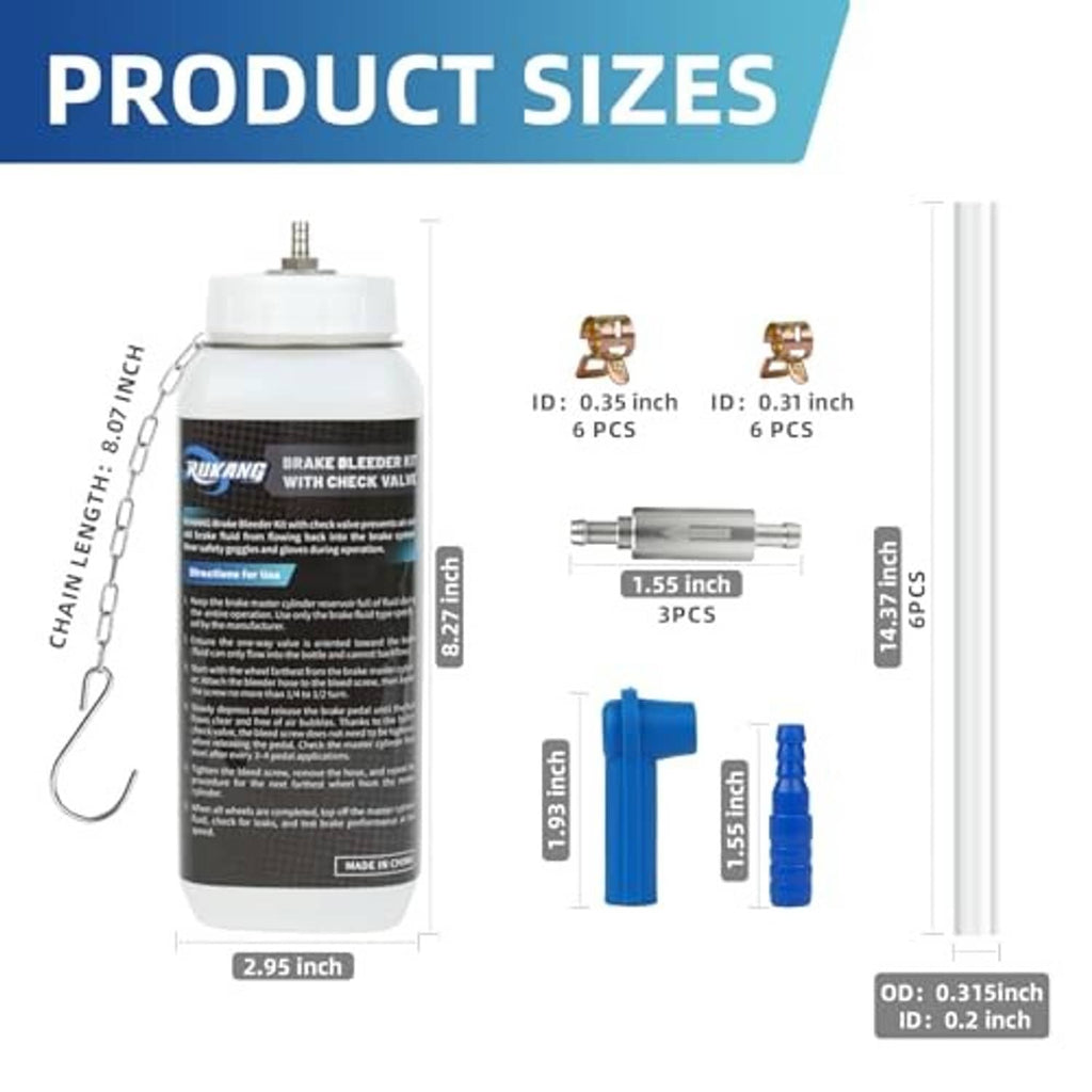 Brake bleeder bottle kit size chart with dimensions and connector illustrations