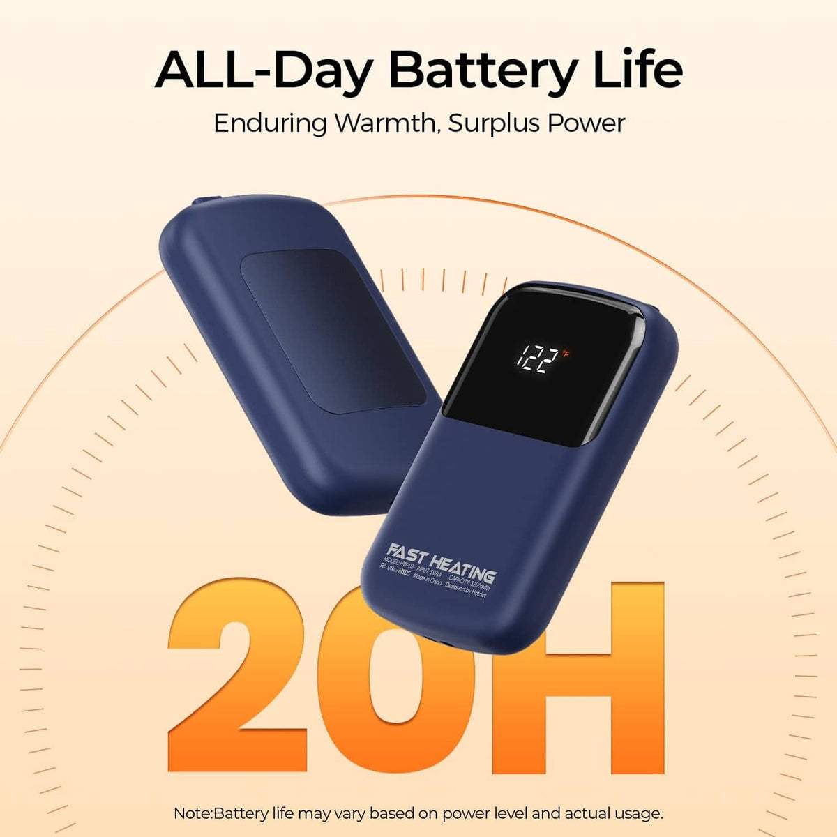 Two blue rechargeable hand warmers with digital displays and rounded compact design.