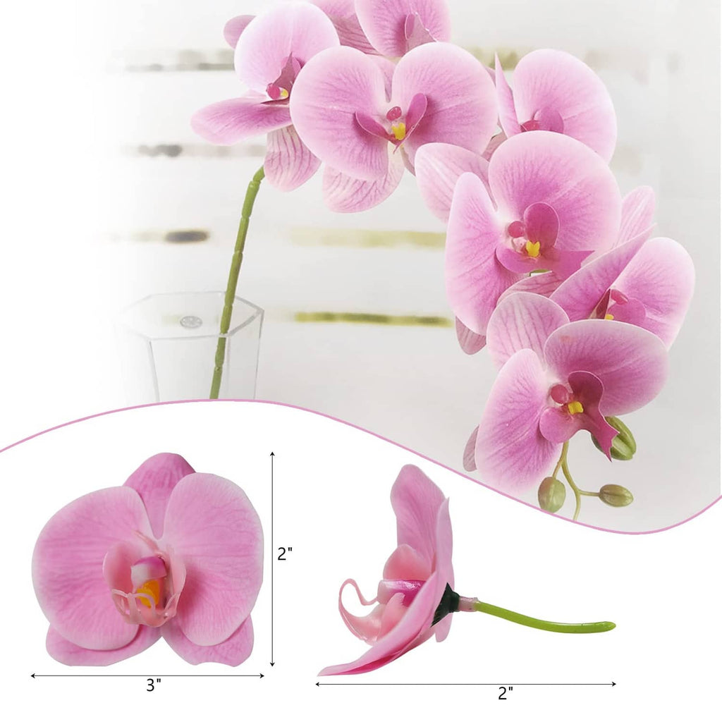 Pink artificial orchid flower heads on stems, with green bud tips and yellow centers