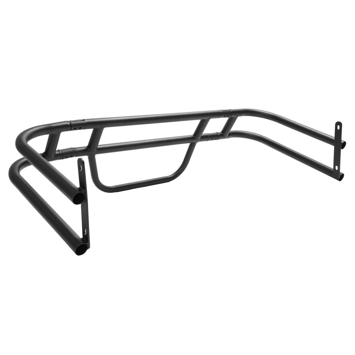 Black brush guard bumper frame with tubular crossbars and side brackets