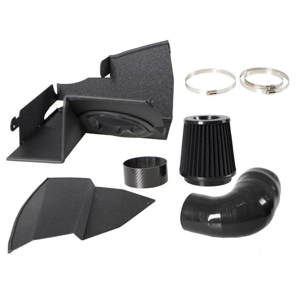 Cold air intake kit parts: black filter housing, hose, brackets, clamps and rings