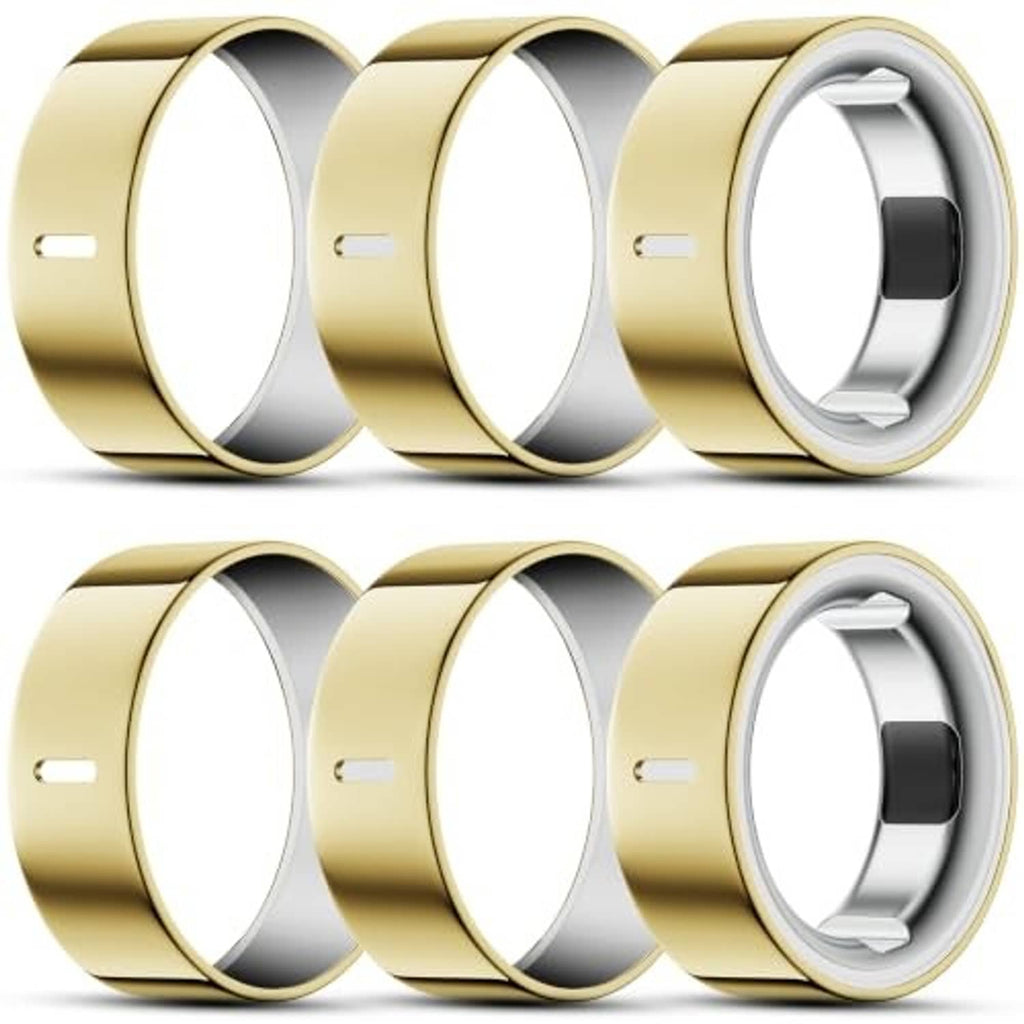 Gold ring covers set with gray inner insert, front and side angled views