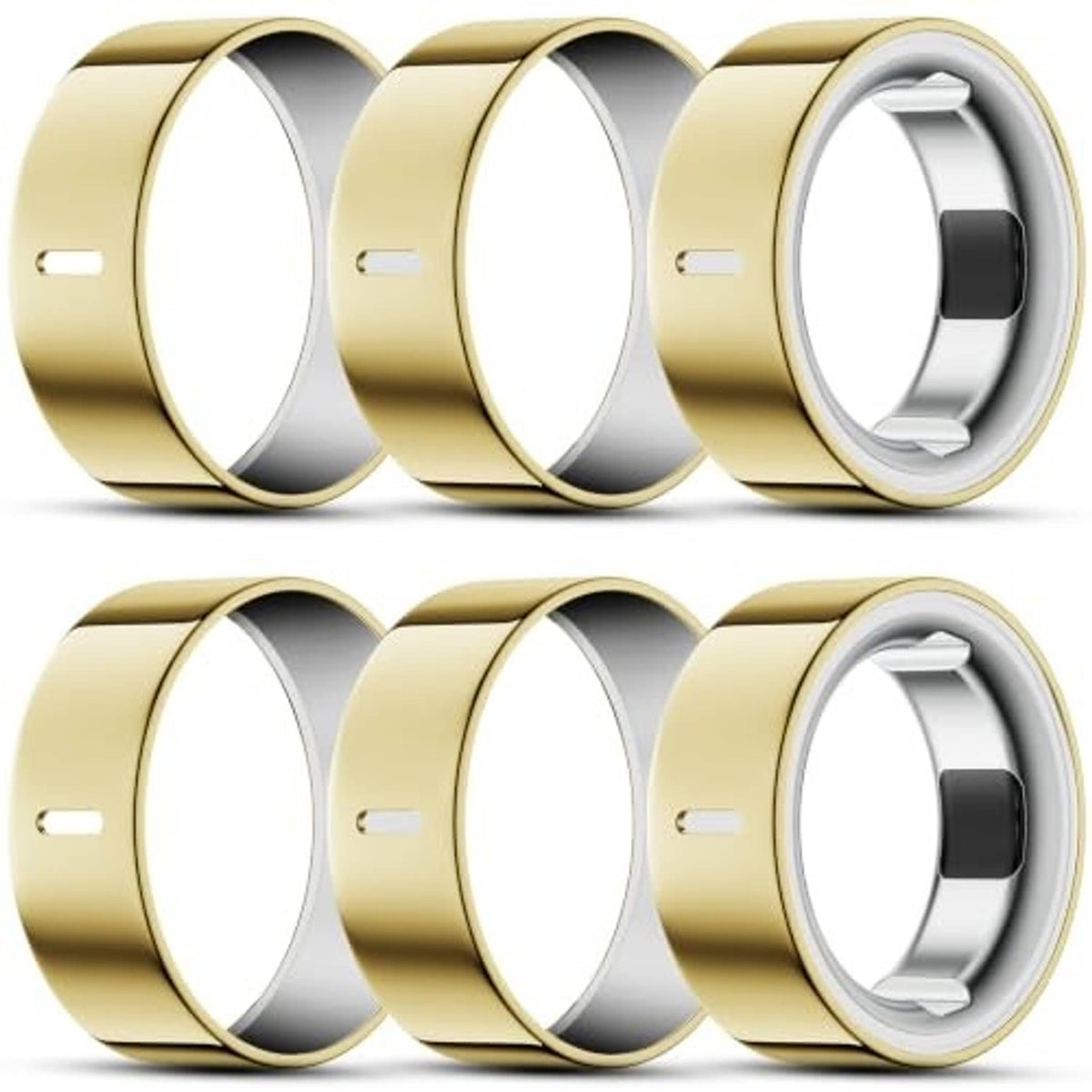 Gold ring covers set with gray inner insert, front and side angled views