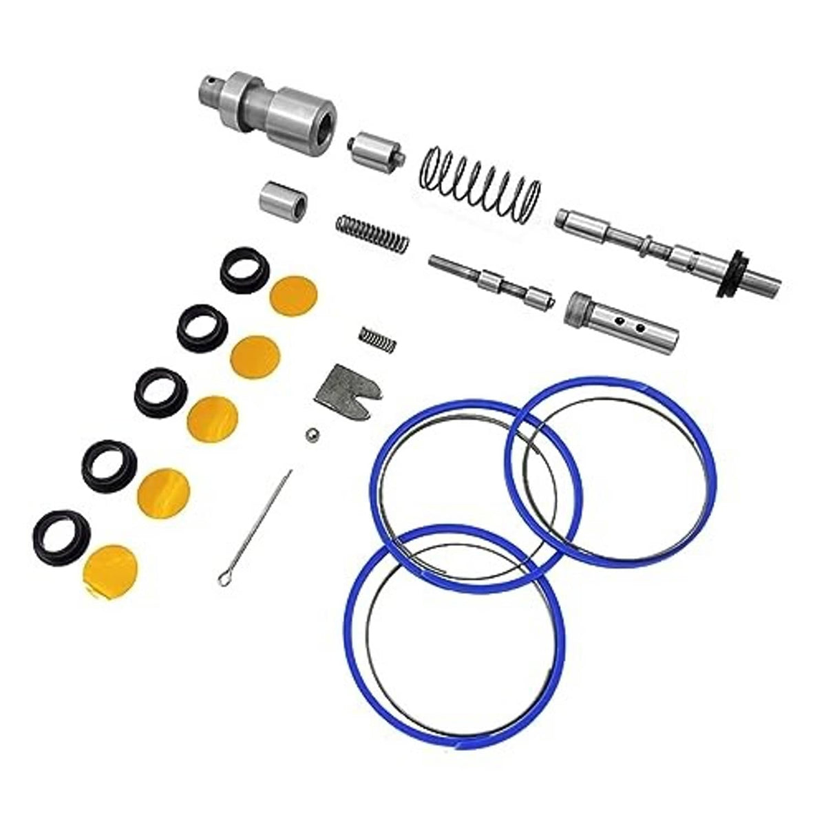 Transmission shift repair kit components: metal shafts, blue O-rings, yellow seals, springs