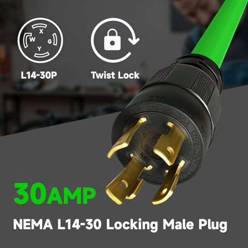 Green extension cord with NEMA L14-30 locking male plug, 30-amp