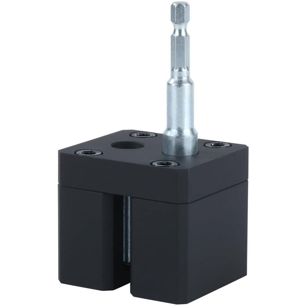 Black crimper tool with centered driver shaft and four top mounting holes