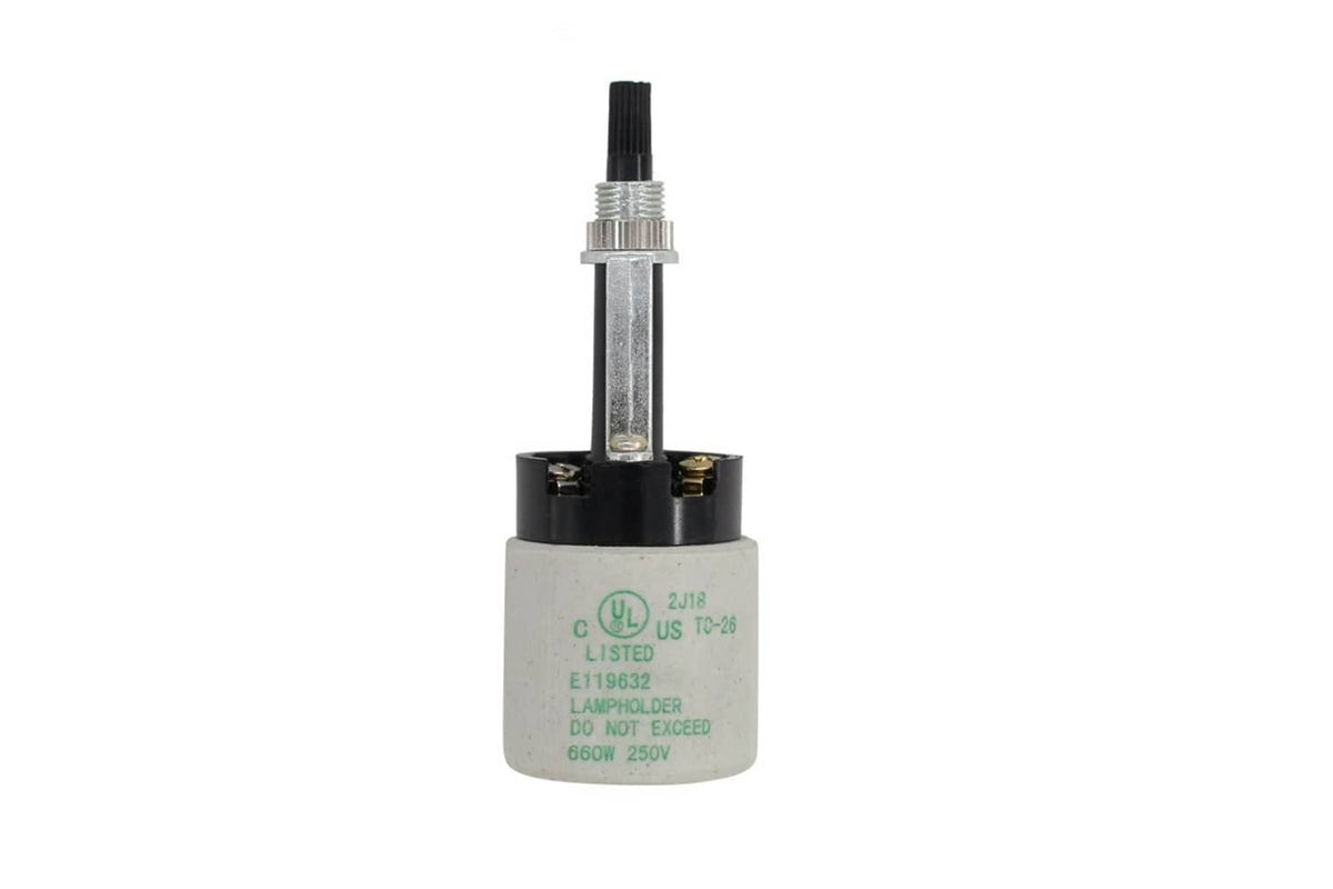 Black E26 rotary light socket switch with metal threaded insert and ceramic body
